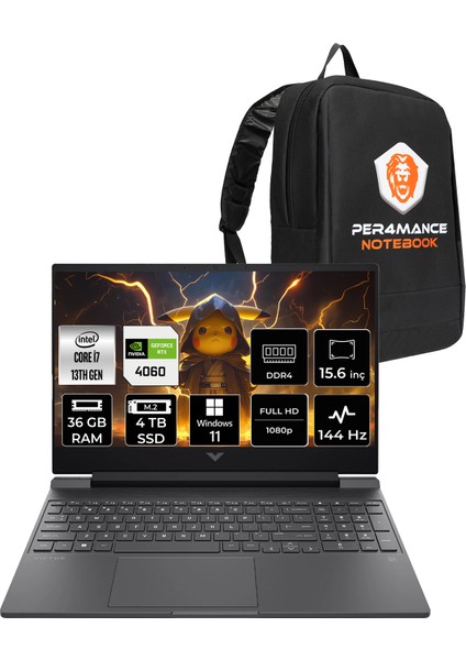 Victus 15 Intel Core I7 13620H 36GB 4tb SSD RTX4060/8GB 15.6" Fhd 144Hz Windows 11 Pro Taşınabilir Bilgisayar & Per4 Çanta B7SP3EAPN435