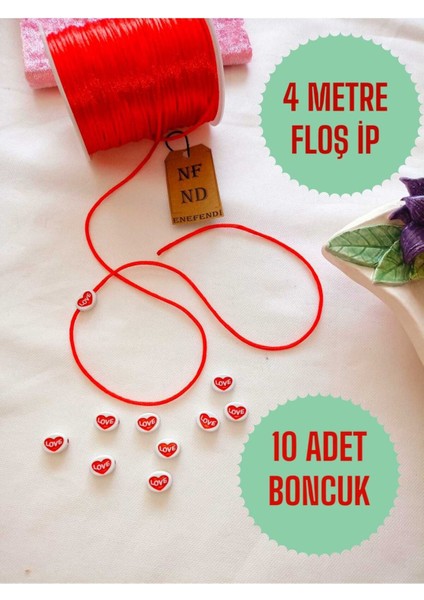 ENEFENDİ 4 Metre Floş Ip Sıçan Kuyruğu Kalınlığı 2mm Kırmızı Bileklik Takı Hediyelik Ipi ve 10 Love Boncuk