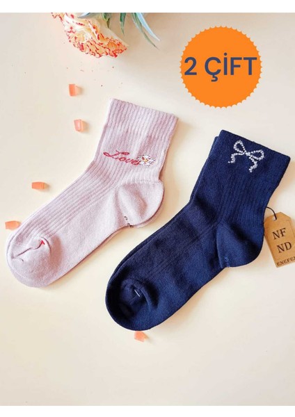 2 Çift Taşlı Kurdele Desenli Dikişsiz Rahat Hediyelik Kokulu Pembe ve Lacivert 36-40