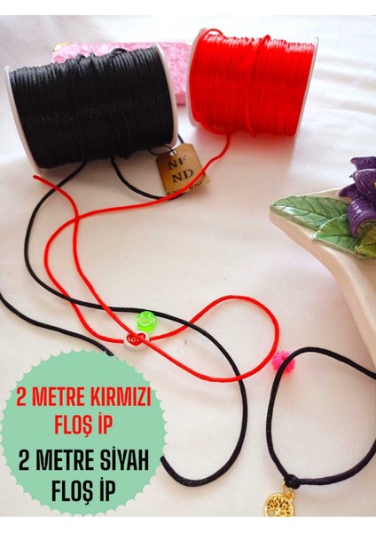 ENEFENDİ 4 Metre(Toplam) Floş Ip Sıçan Kuyruğu Kalınlığı 2mm Kırmızı Siyah Bileklik Takı Hediyelik Ipi