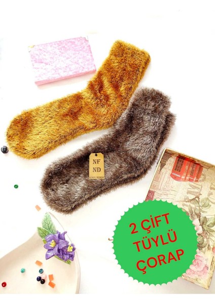 2 Çift Tüylü Kışlık Termal Patik Dikişsiz Çorap Erkek Kadın Ev-Parti Çorabı Sarı Kahverengi 36-41.