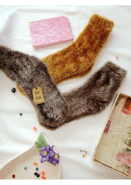 2 Çift Tüylü Kışlık Termal Patik Dikişsiz Çorap Erkek Kadın Ev-Parti Çorabı Sarı Kahverengi 36-41. fiyatları