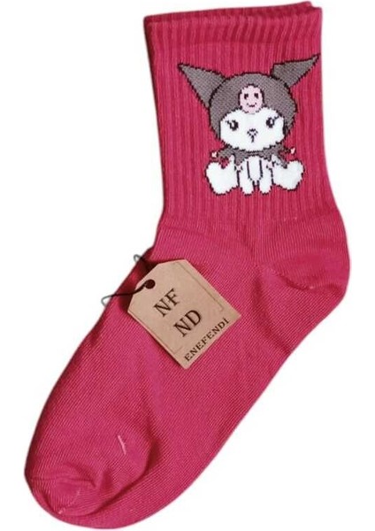 2 Çift Kuromi Sanrio Çorap Yumuşak Kısa Konç Desenli 36-40 Yeşil ve Pembe Renk