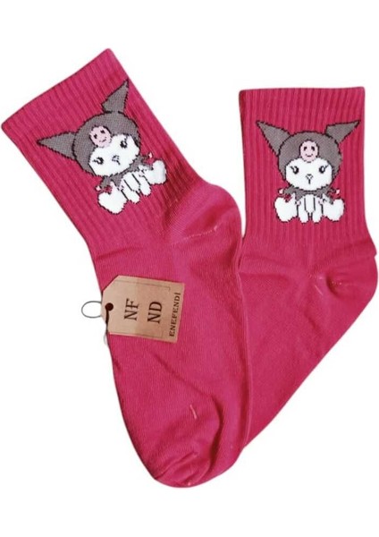 2 Çift Kuromi Sanrio Çorap Yumuşak Kısa Konç Desenli 36-40 Yeşil ve Pembe Renk