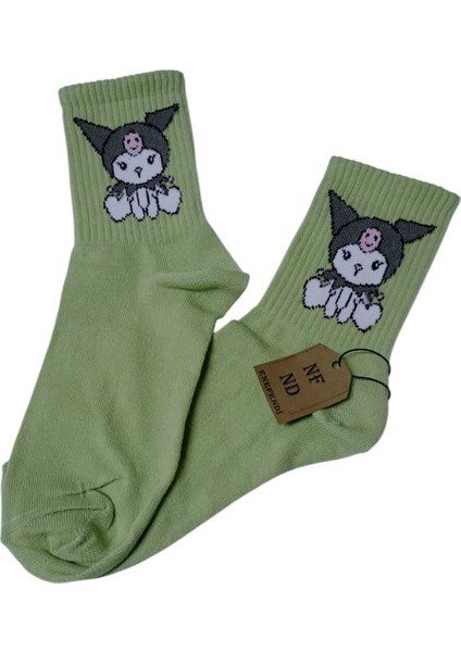2 Çift Kuromi Sanrio Çorap Yumuşak Kısa Konç Desenli 36-40 Yeşil ve Pembe Renk