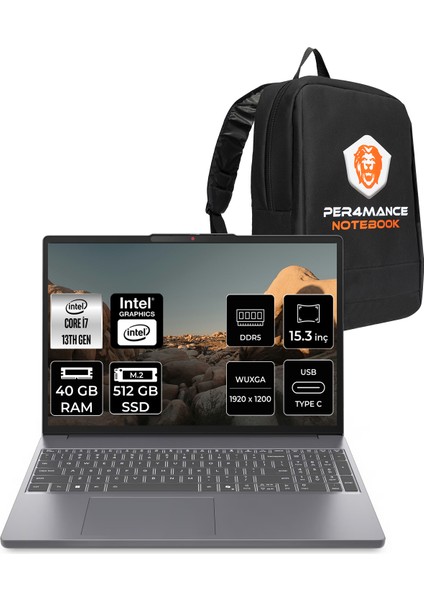 Ideapad Slim 3 Intel Core I7 13620H 40GB 512GB SSD 15.3" Fhd+ Freedos Taşınabilir Bilgisayar & Per4 Çanta 83K10011TRP311