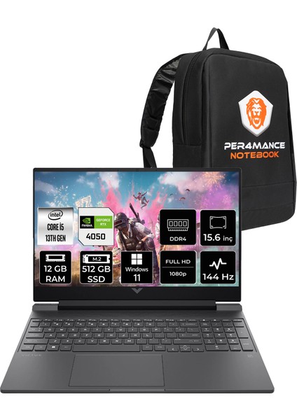 Victus 15 Intel Core I5 13420H 12GB 512GB SSD RTX4050/6GB 15.6" Fhd 144Hz Windows 11 Home Taşınabilir Bilgisayar & Per4 Çanta B7TG7EAPN357