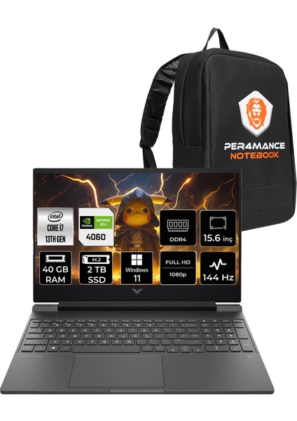 Victus 15 Intel Core I7 13620H 40GB 2tb SSD RTX4060/8GB 15.6" Fhd 144Hz Windows 11 Home Taşınabilir Bilgisayar & Per4 Çanta B7SP3EAPN389