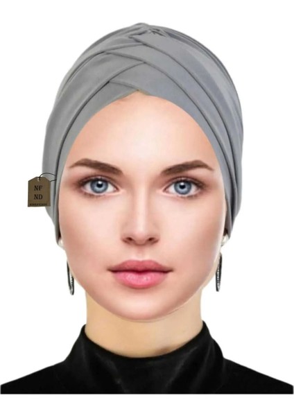 Üç Bantlı Hazır Tesettür Dış Bone Hijap Gri Rahat Şık Bone