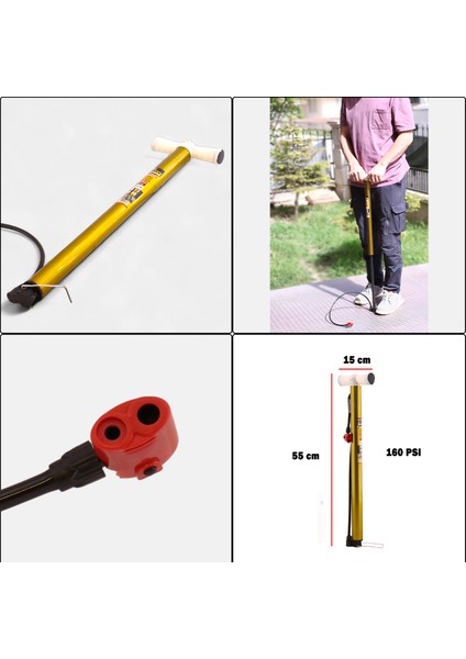 Bisiklet Pompası 55 cm Pratik El Tipi Ayak Tutamaklı Metal Borulu Top Lastik Şambrel Şişirme fiyatları
