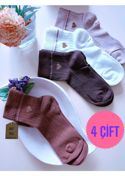 4 Çift Taşlı Kalpli Kokulu Likra Kısakonç Dikişsiz Çorap Pamuk Bej Ekru Vizon Kahve KADINÇORABI36-40
