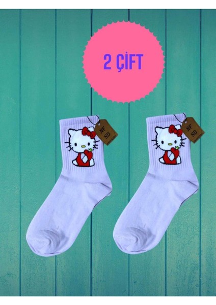 2 Çift Hello Kitty Çorap Yumuşak Rahat Şık Kısa Konç Desenli Uçukpembe Çorabı 36-40