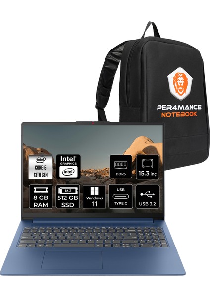 Ideapad Slim 3 Intel Core I5 13420H 8gb 512GB SSD 15.3" Fhd+ Windows 11 Home Taşınabilir Bilgisayar & Per4 Çanta 83K10062TRP314