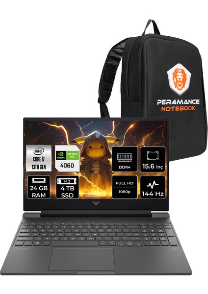 Victus 15 Intel Core I7 13620H 24GB 4tb SSD RTX4060/8GB 15.6" Fhd 144Hz Freedos Taşınabilir Bilgisayar & Per4 Çanta B7SP3EAPN325