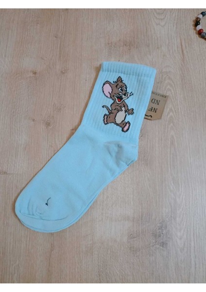 Jerry Hayvan Desenli Pamuklu Çorap Arakonç Kadın Mavi Soket Dikişsiz Çorap 36-40