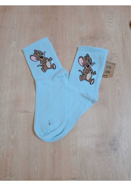 Jerry Hayvan Desenli Pamuklu Çorap Arakonç Kadın Mavi Soket Dikişsiz Çorap 36-40 fiyatları