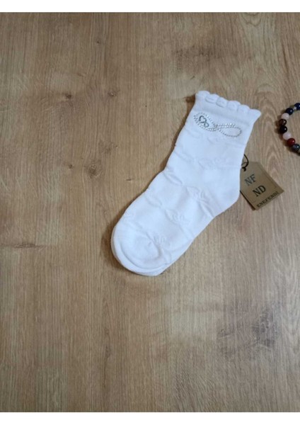 Taşlı Pamuklu Kız Çocuk Kısakonç Çorap Beyaz Yumuşak Soket Kız Çocuk Çorabı 5-6 Y