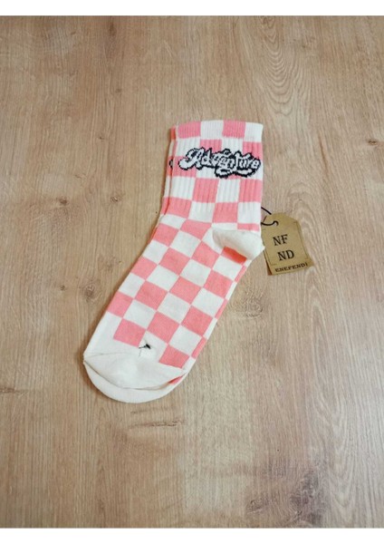 Pembe Kare Desenli Pamuklu Yumuşak Çorap Arakonç Kadın Krem Pembe Soket Çorabı 36-40