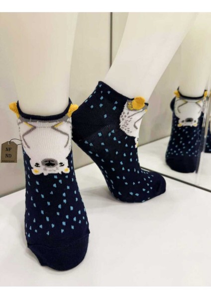 Kulaklı Pamuklu Lacivert Patik Çorap Desenli Çorabı 36-40