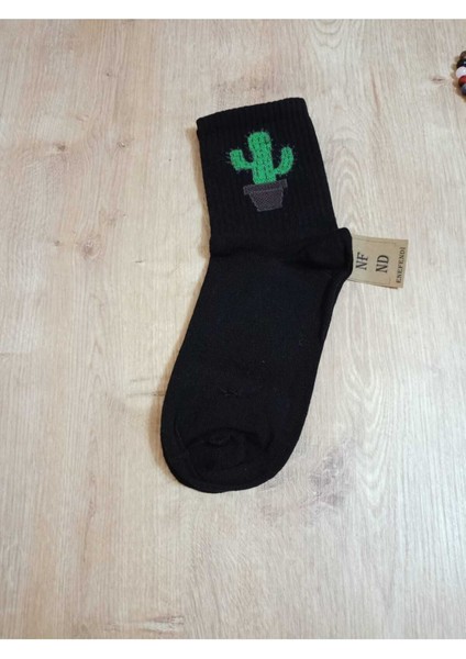 Dikişsiz Kaktüs Desenli Pamuklu Yumuşak Çorap Kaktüslü Arakonç Kadın Gri Soket Çorabı 36-40