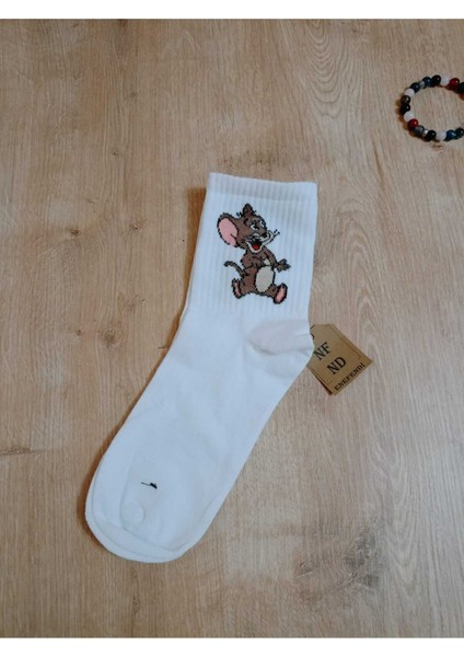 Jerry Hayvan Desenli Pamuklu Çorap Arakonç Kadın Beyaz Soket Dikişsiz Çorap 36-40