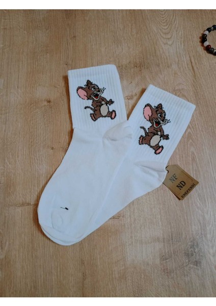 Jerry Hayvan Desenli Pamuklu Çorap Arakonç Kadın Beyaz Soket Dikişsiz Çorap 36-40 modelleri