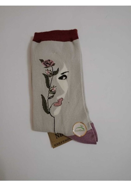 Dikişsiz Bambu Çorabı Kadın Yüzü Desenli Gri Yumuşak Kadın Çorap 36-40