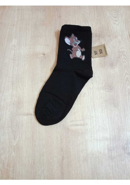 Jerry Hayvan Desenli Pamuklu Çorap Arakonç Kadın Siyah Soket Dikişsiz Çorap 36-40