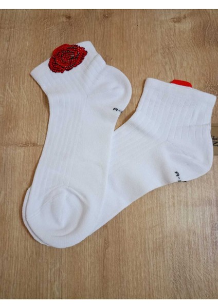 Gül Taşlı Pamuklu Burun Dikişsiz Kokulu Likralı Kısa Konç Çorap Beyaz Kadın Çorabı 36-40