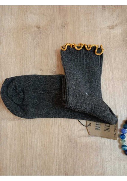 Kadın Jakarlı Soket Çorabı Altın Sarısı Fırfırlı Likralı Pamuklu Füme Çorap 36-40