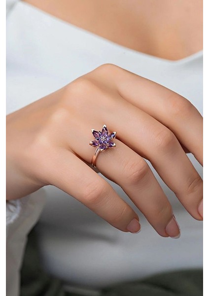 Ayarlanabilir Mor Taşlı Lotus Çiçeği Yüzük