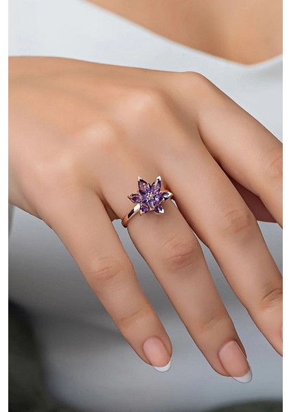 Ayarlanabilir Mor Taşlı Lotus Çiçeği Yüzük