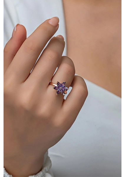 Ayarlanabilir Mor Taşlı Lotus Çiçeği Yüzük