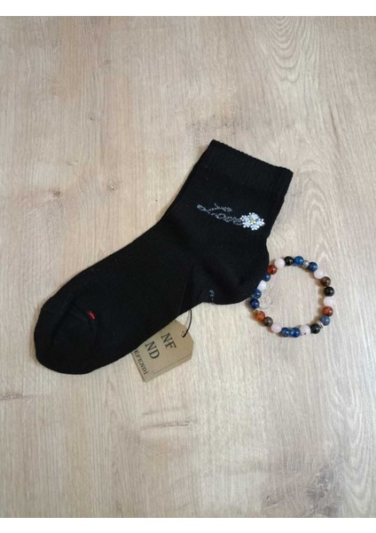 Taşlı Love Çiçek Desenli Kokulu Likralı Kısakonç Çorap Dikişsiz Pamuklu Kadın Siyah Çorabı 36-40