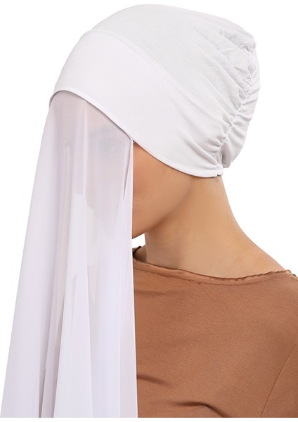 Hazır Pratik Lüks Geçmeli Lastikli Boneli Şifon Şal-Beyaz