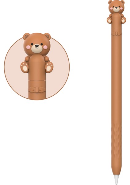 Ahastyle PT129-1 Apple Pencil (1. Nesil) Stylus Kalem Kapağı Karikatür Hayvan Silikon Koruyucu Kılıf-Kahverengi Ayı (Yurt Dışından)