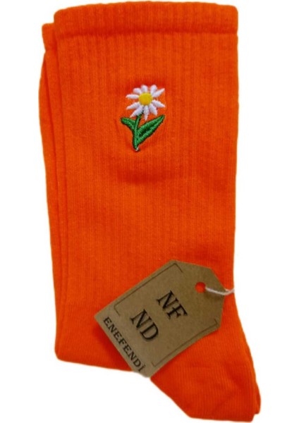 Nakışlı Kadın Tekli Soket Çiçek Nakışlı Çorabı Turuncu