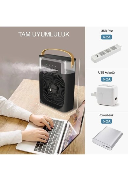 Taşınabilir Işıklı 5 Spreyli Vantilatör Buzlu Buharlı Vantilatör Mini Fan Nemlendirici Buharlı