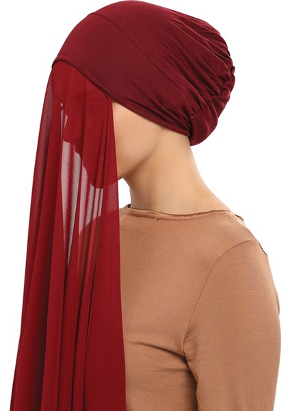Hazır Pratik Lüks Geçmeli Lastikli Boneli Şifon Şal-Bordo