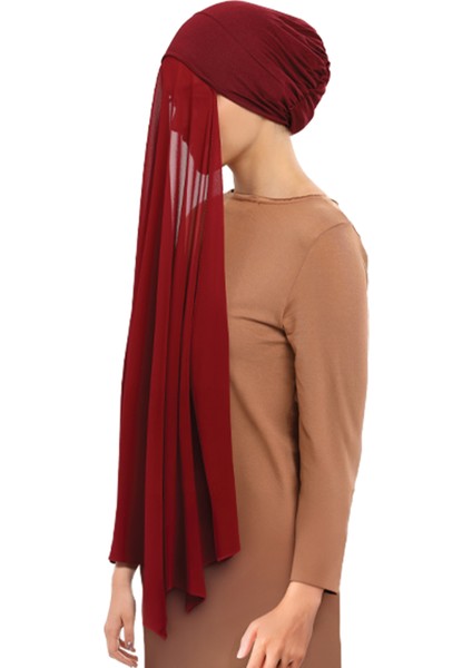 Hazır Pratik Lüks Geçmeli Lastikli Boneli Şifon Şal-Bordo