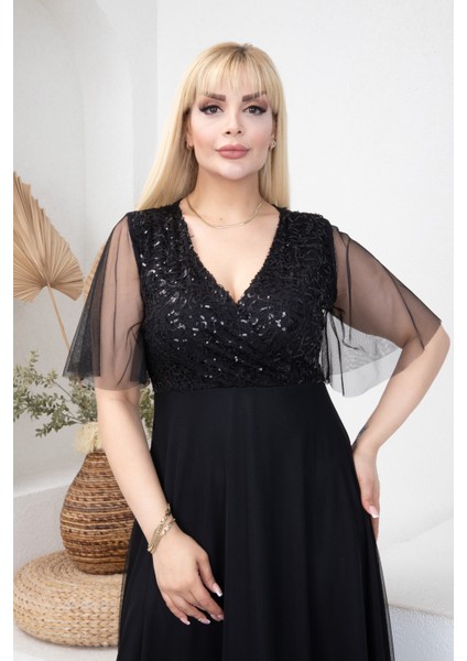 Kadın Siyah Büyük Beden Degaje Yaka Abiye Elbise