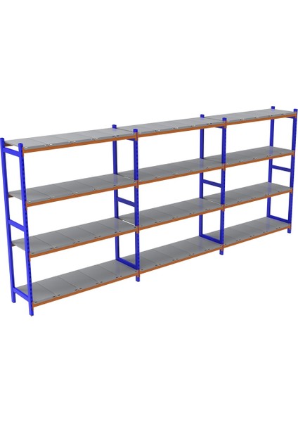 4 Katlı 3'lü Depo Rafı - 300-350 Kg Taşıma Kapasiteli Hafif Rack Raf - 40x90x200 cm