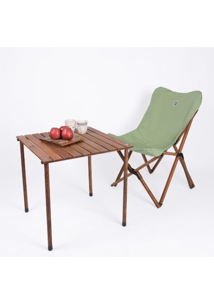 Ahşap Katlanır Masa Sandalye Seti Kahverengi - Su Yeşili Kılıf 60X60X55 Kahverengi Masa