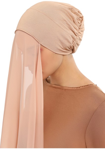 Hazır Pratik Lüks Geçmeli Lastikli Boneli Şifon Şal-Koyu Bej