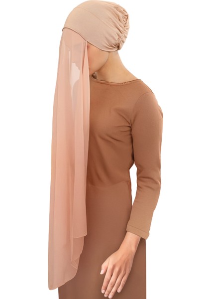Hazır Pratik Lüks Geçmeli Lastikli Boneli Şifon Şal-Koyu Bej