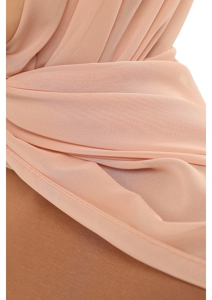 Hazır Pratik Lüks Geçmeli Lastikli Boneli Şifon Şal-Koyu Bej