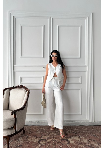 Keten Tek Düğme Yelek-Pantolon Takım - Beyaz fırsatları