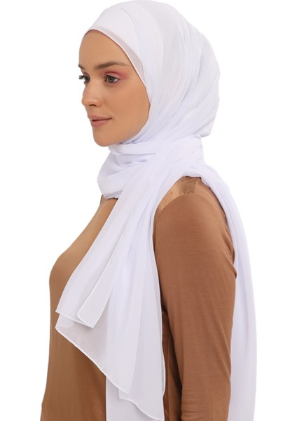 Hazır Lüks Pratik Hijablı Şifon Şal-Beyaz