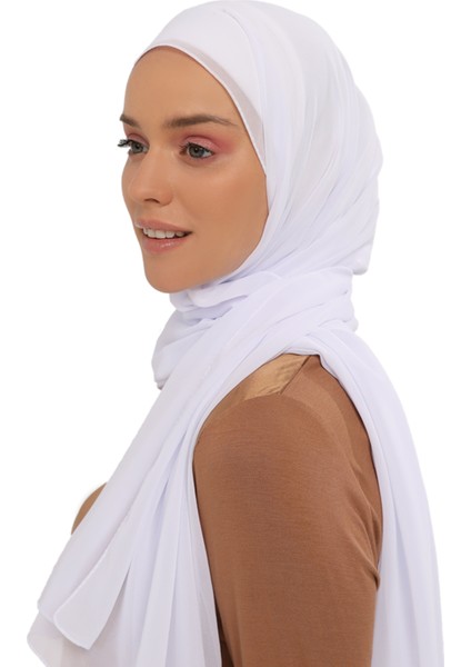 Hazır Lüks Pratik Hijablı Şifon Şal-Beyaz