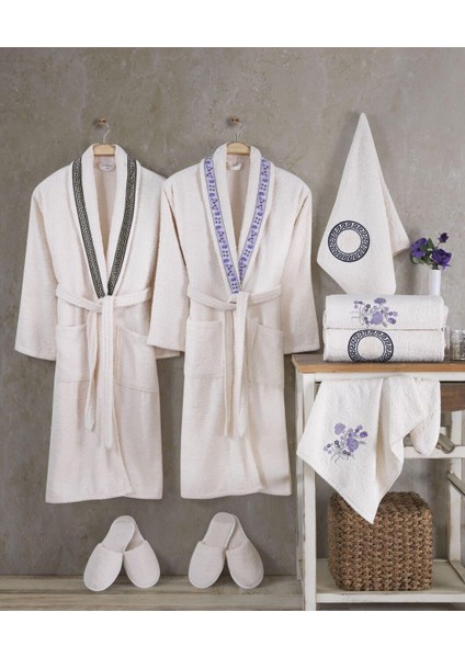 10 Parça Kadın Erkek Takım Havlulu Vinessa Aile Bornoz Seti